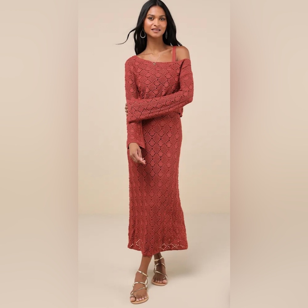 Rust Red Crochet Two-Piece Sweater Midi Dress